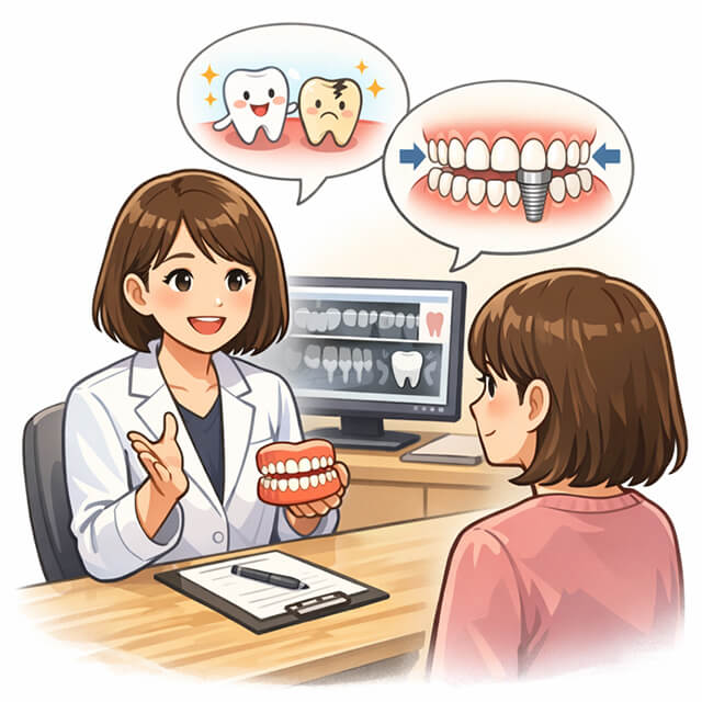 患者に治療の説明をする歯科医師のイラスト